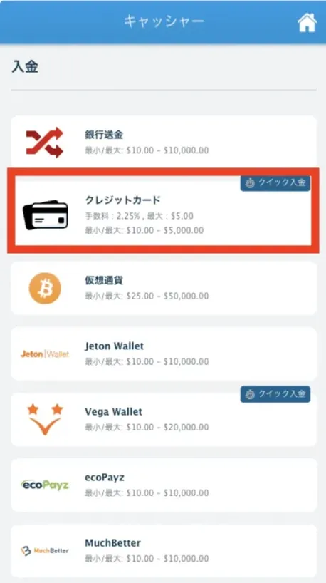 VISAを使ってオンラインカジノへ入金する手順の画像②